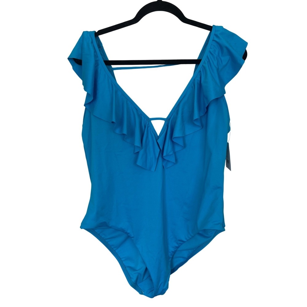 Gibson Latimer Marina Ruffle V-Neck One Piece Swimsuit Turquoise Blue XL New